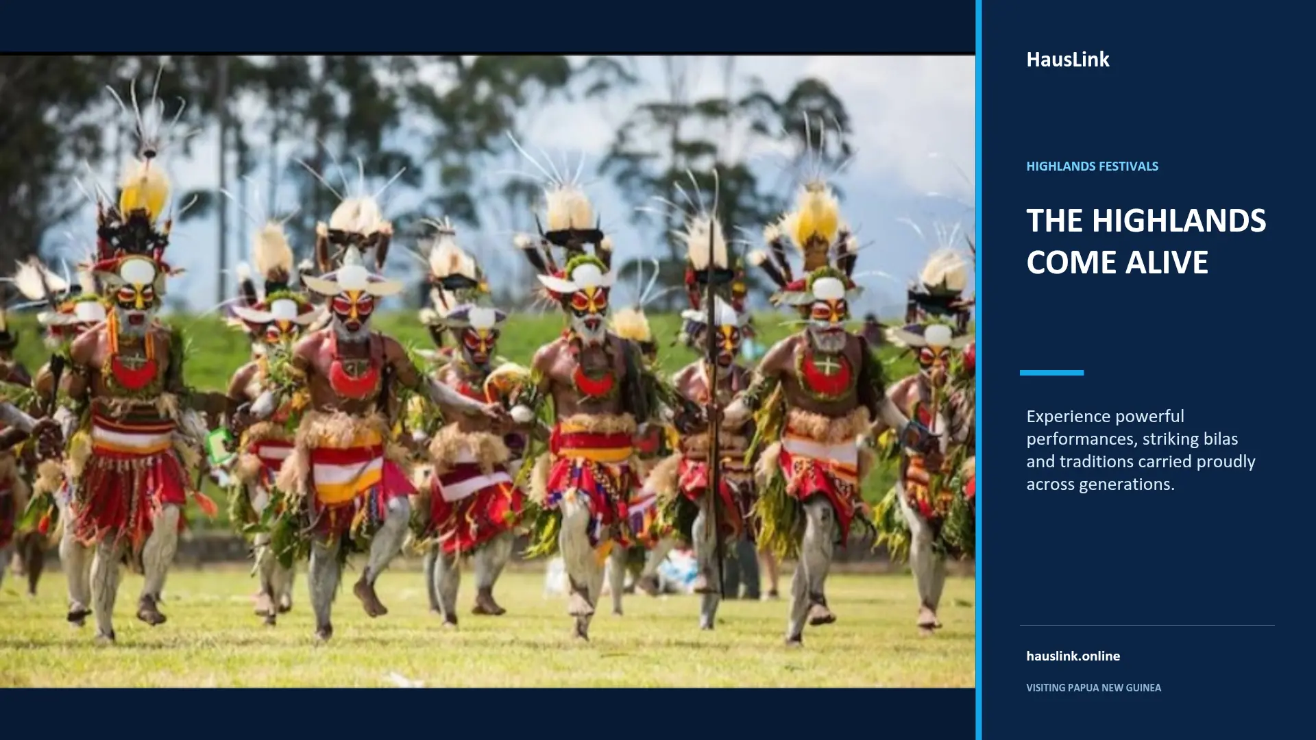 Highlands festival performers in full bilas dancing across a grass arena in Papua New Guinea.