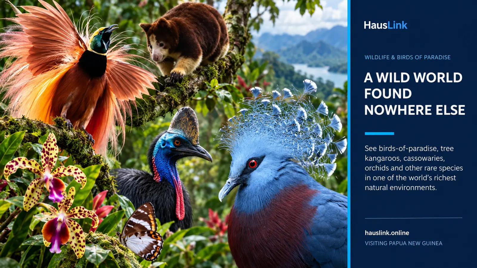 Papua New Guinea wildlife: a bird of paradise, tree kangaroo, cassowary, Victoria crowned pigeon and orchids in rainforest.