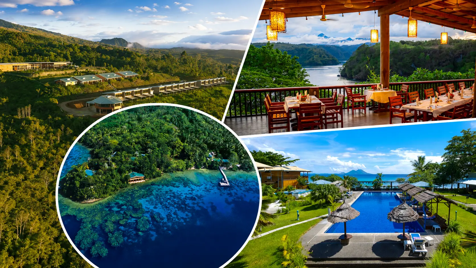 Papua New Guinea expedition landscapes, dining terrace and island coastline