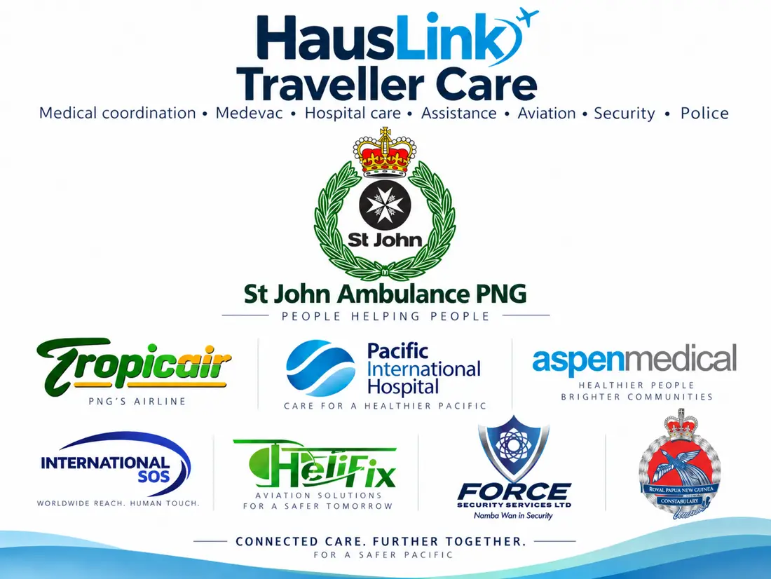 HausLink Traveller Care coordination network — St John Ambulance PNG, hospitals, medical assistance, aviation, security and police escalation