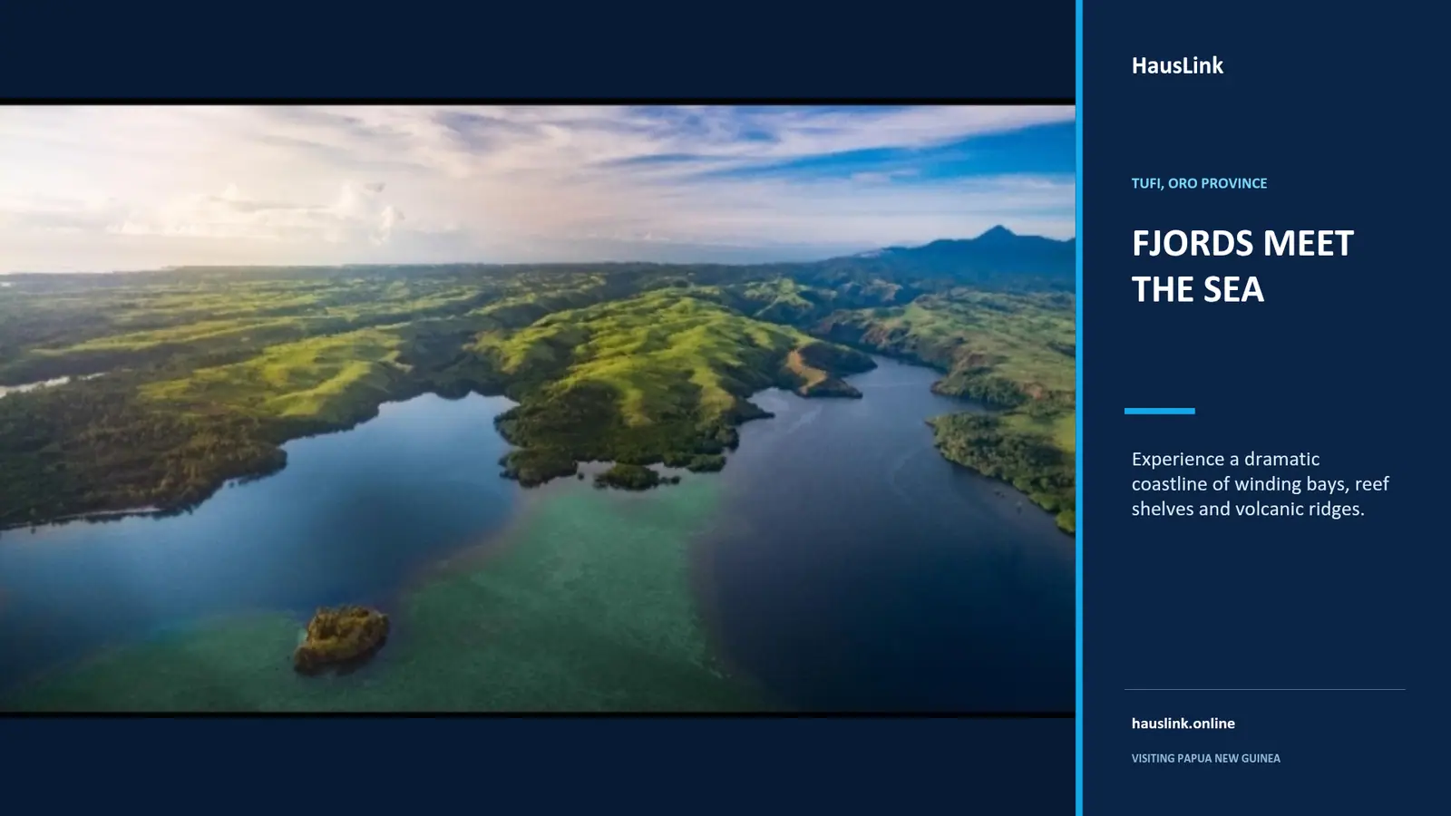 Aerial view of Tufi's tropical fjords in Oro Province, Papua New Guinea, where green ridges meet reef-fringed bays.