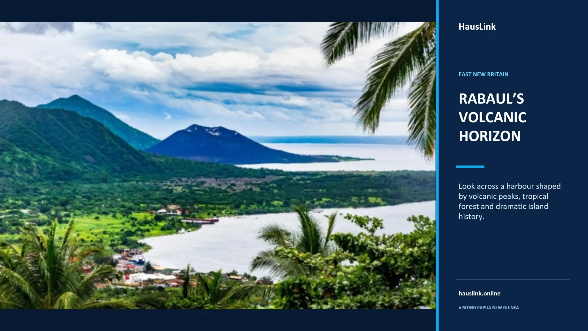 Rabaul harbour framed by palms, with volcanic peaks rising across the water in East New Britain.