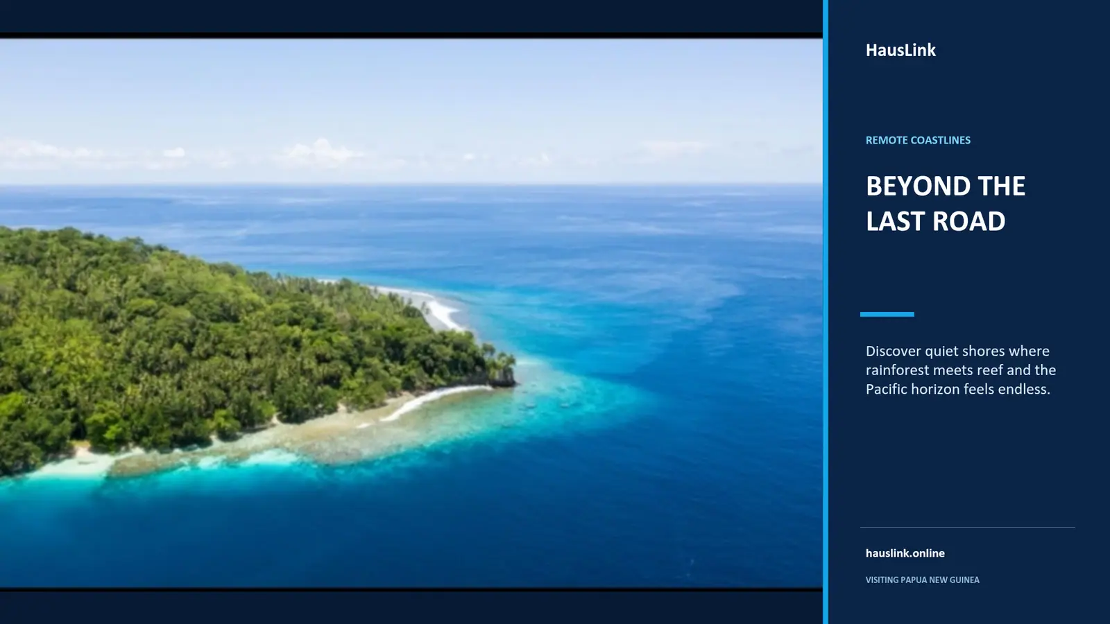 Remote Papua New Guinea coastline where rainforest meets a reef shelf and open Pacific horizon.