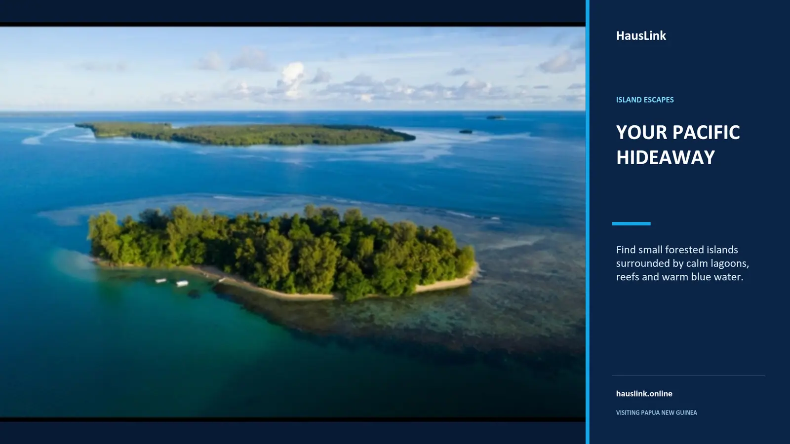 Two small forested islands ringed by calm lagoons and reef in warm blue Pacific water.