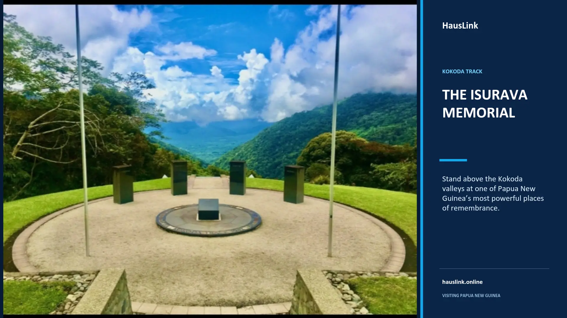 The Isurava Memorial standing above the Kokoda valleys, with forested ranges and cloud beyond.