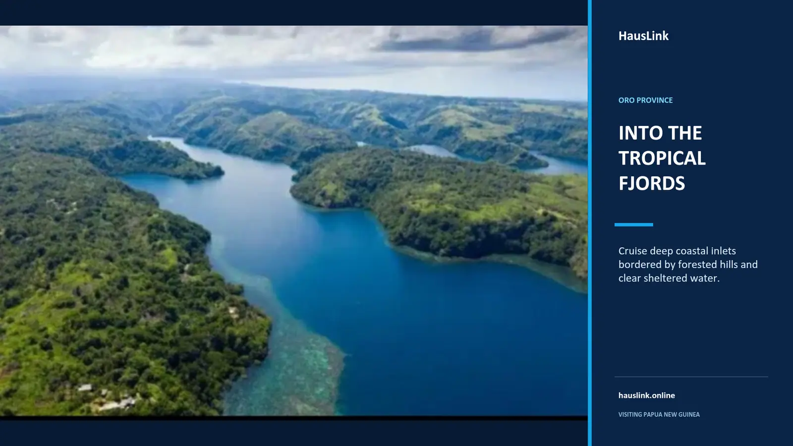 Deep coastal inlets of Oro Province bordered by forested hills and sheltered blue water.