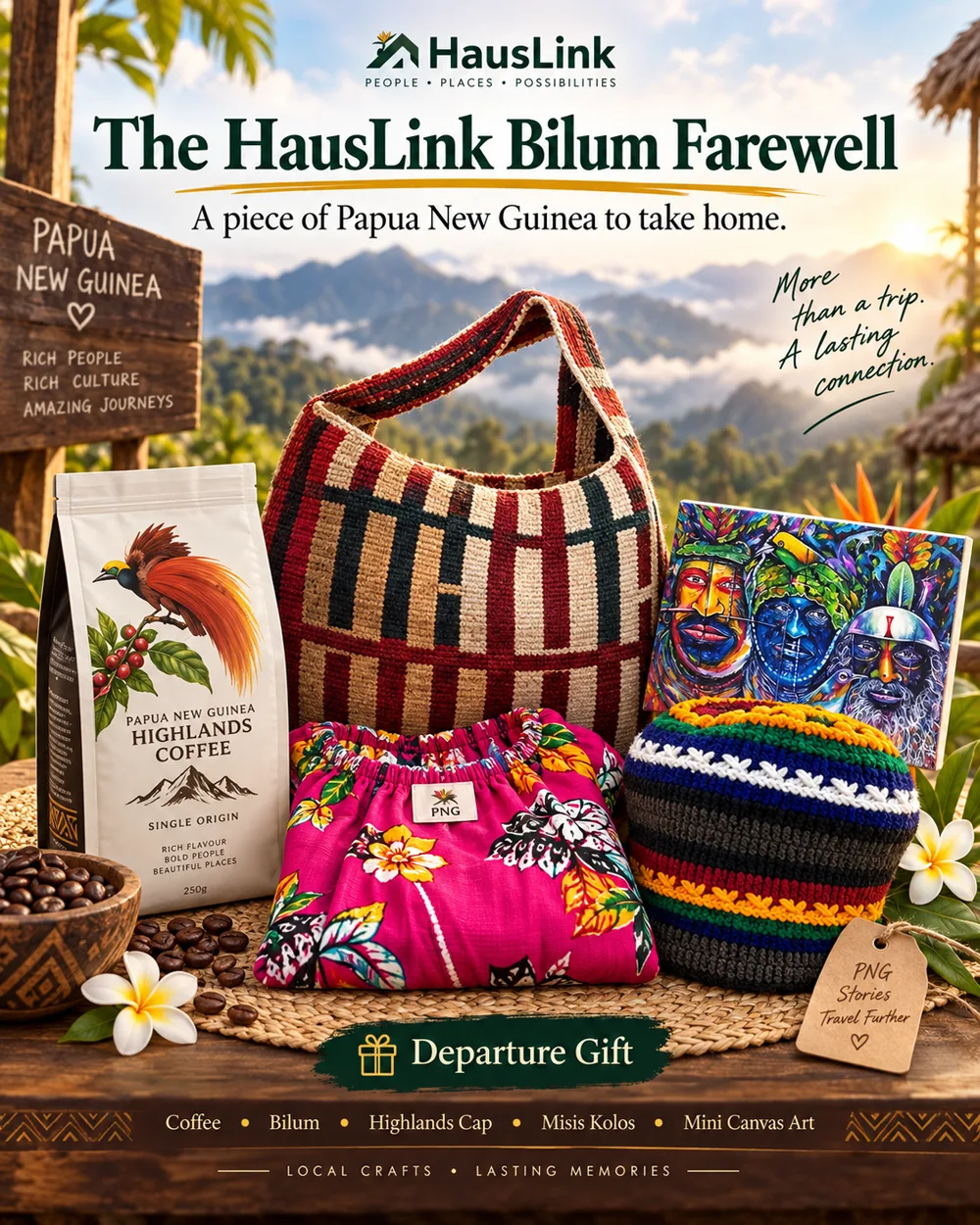 The HausLink Bilum Farewell departure gift: Highlands bilum, PNG coffee, Highlands cap, Misis Kolos and a small PNG canvas artwork