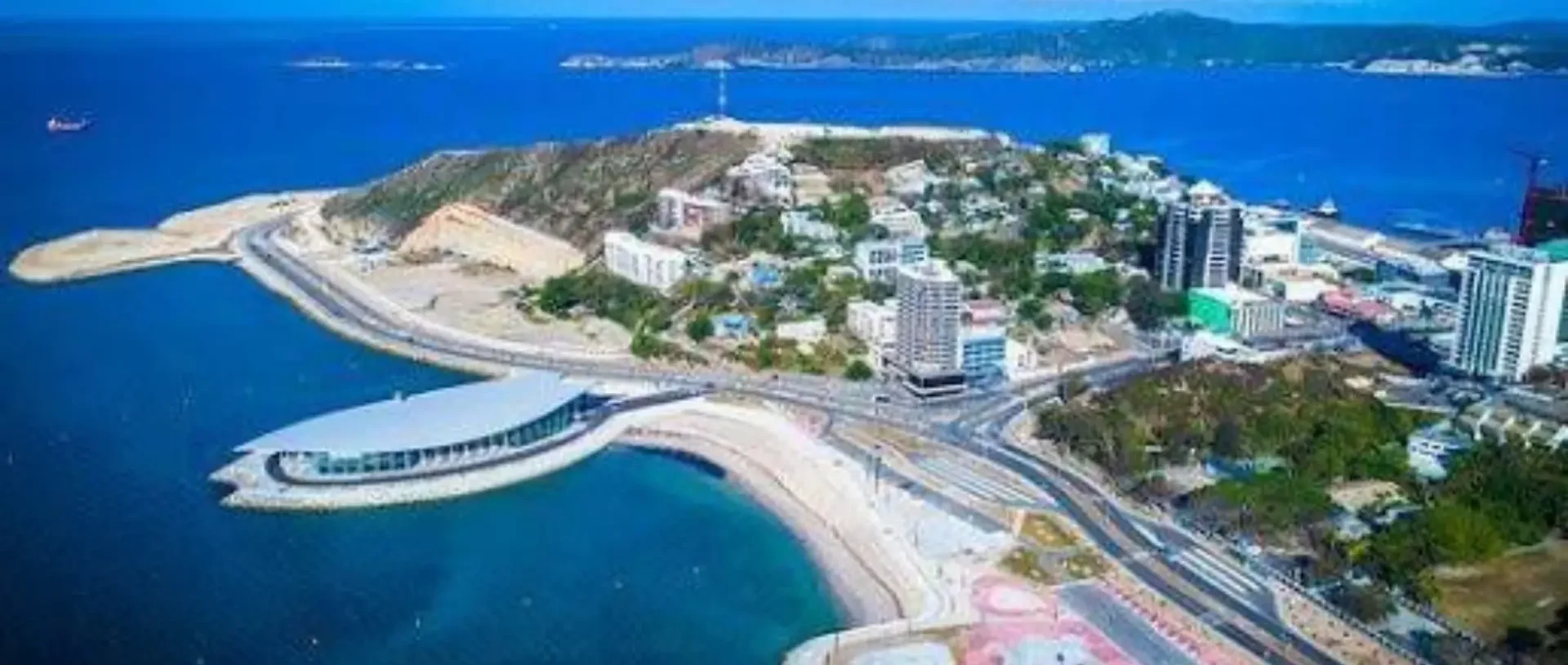 Aerial view of Port Moresby's waterfront precinct and APEC Haus.