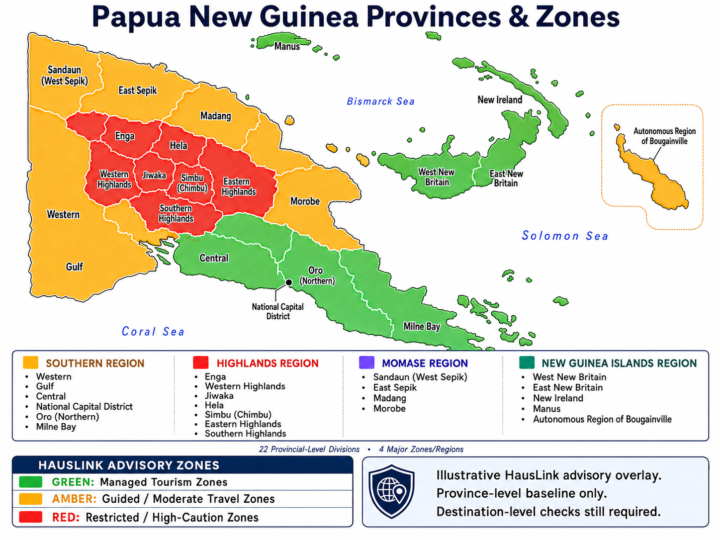 Map of Papua New Guinea showing provinces and travel zones