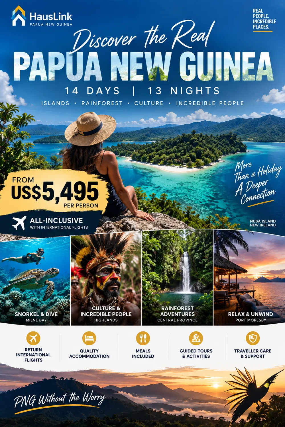 Papua New Guinea 14 day journey — island lookouts, snorkelling with turtles, Highlands culture and rainforest waterfalls.
