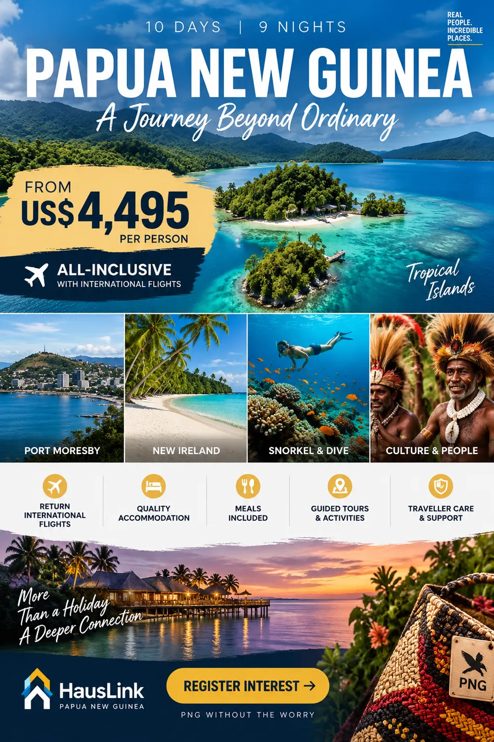 Papua New Guinea 10 day journey — tropical islands, white-sand beaches, coral reefs, Port Moresby and cultural performers.