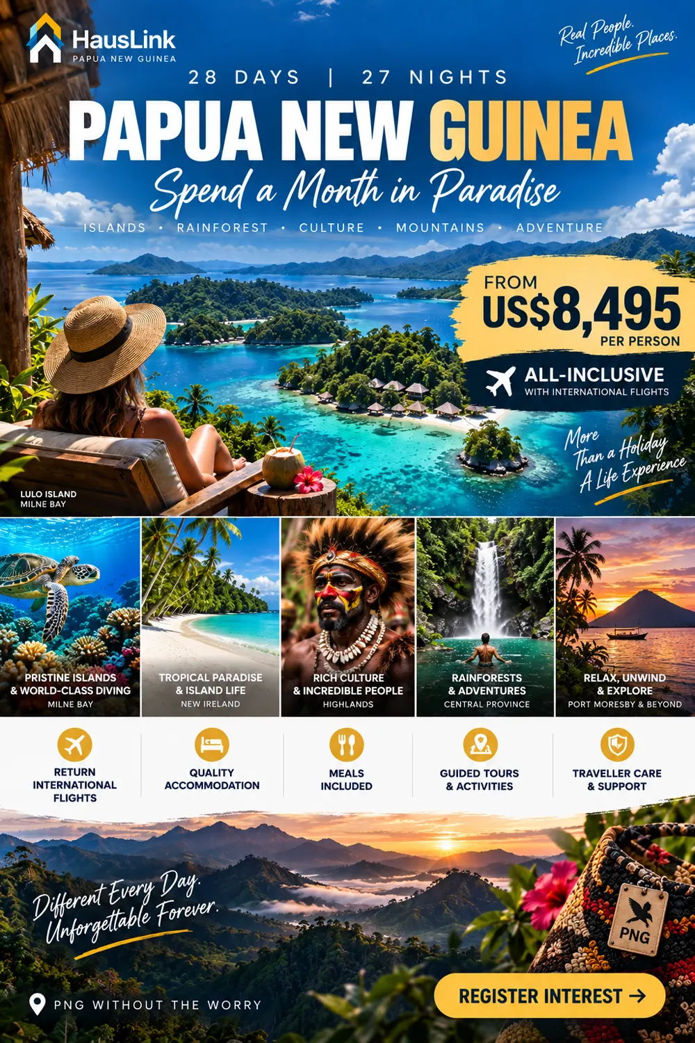 Papua New Guinea 28 day journey — Milne Bay reefs, New Ireland beaches, Highlands culture, rainforest and volcanic sunsets.