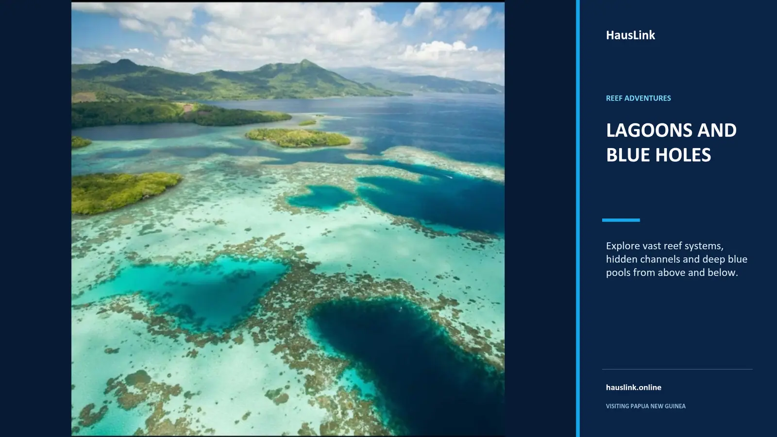 Aerial view of Papua New Guinea lagoons and deep blue holes set inside a vast turquoise reef system.
