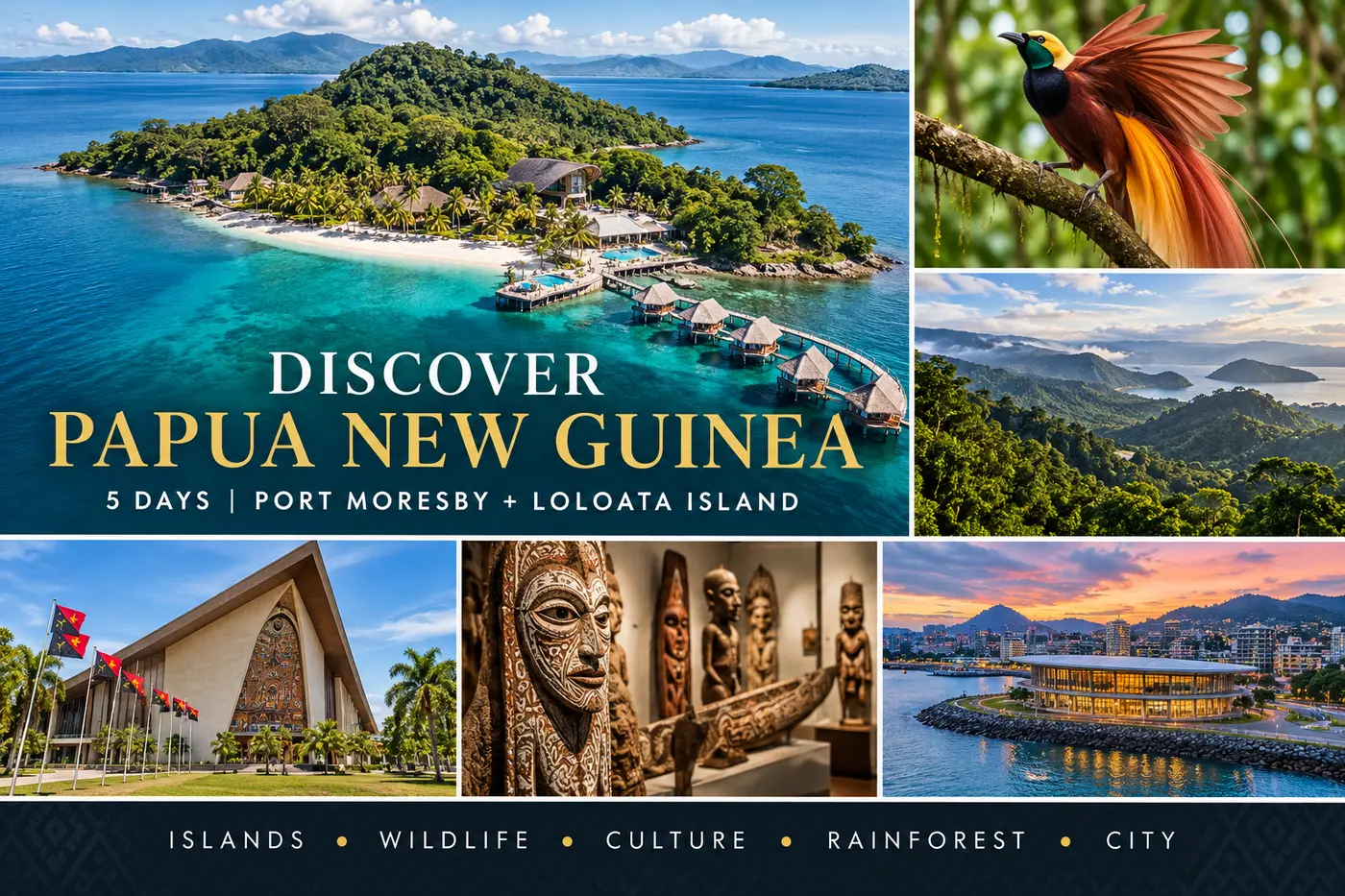Discover Papua New Guinea collage — Loloata island resort, bird of paradise, rainforest, Parliament Haus and Port Moresby harbour at dusk.