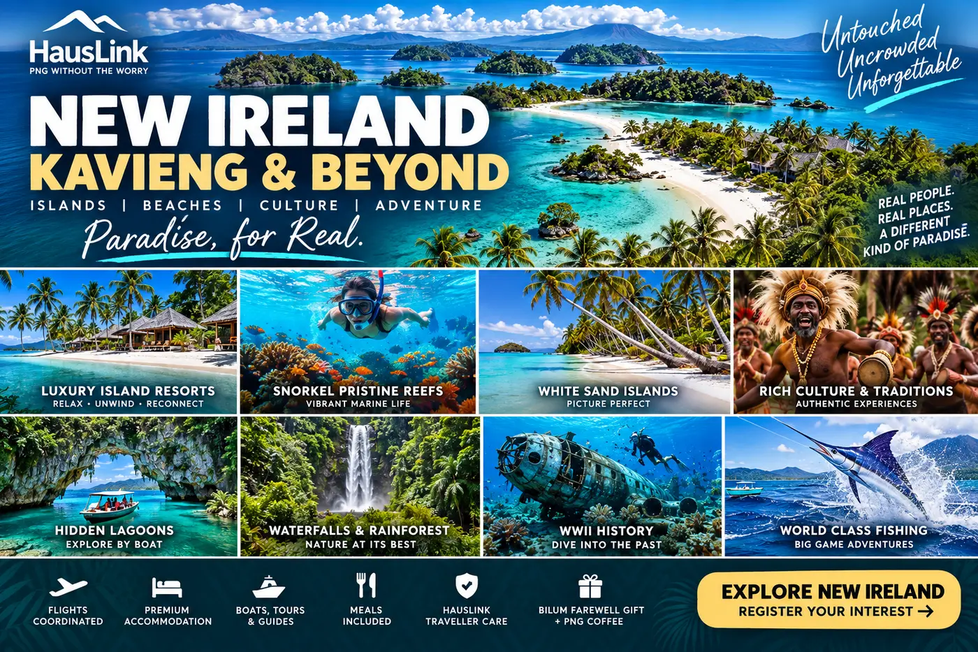 New Ireland collage — white sand islands, snorkelling on reefs, hidden lagoons, waterfalls, WWII wreck diving and cultural performers.