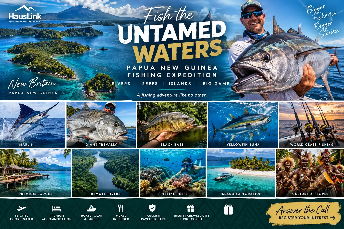 Papua New Guinea fishing expedition collage — marlin, giant trevally, black bass, yellowfin tuna, remote rivers and premium lodges.